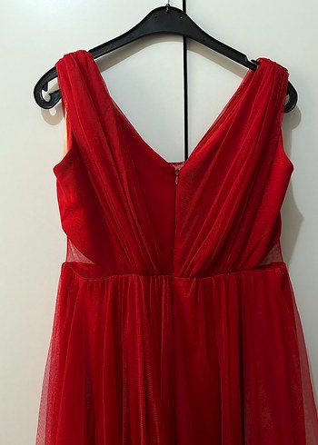 Klasik V Yaka Uzun Kırmızı Tül Abiye Elbise - Görsel 5