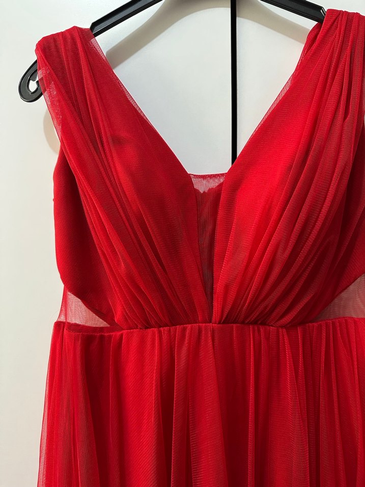 Klasik V Yaka Uzun Kırmızı Tül Abiye Elbise - Görsel 2