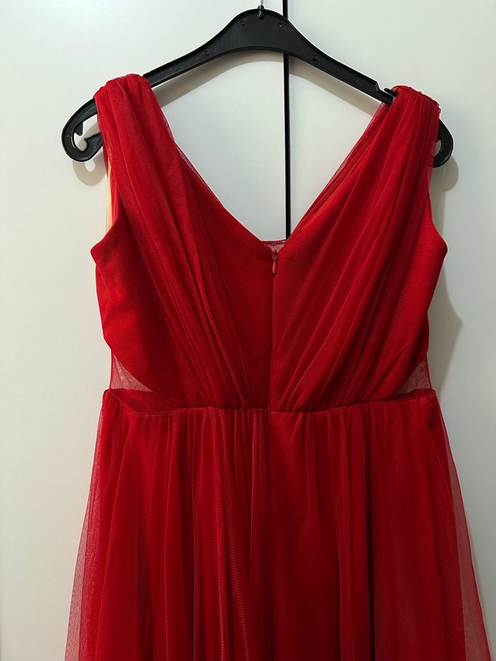 Klasik V Yaka Uzun Kırmızı Tül Abiye Elbise - Görsel 5