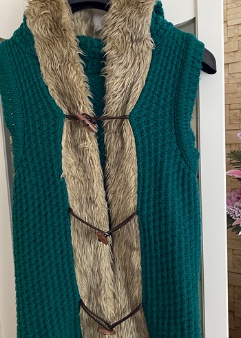 Kahverengi Kürklü Uzun Bohem Triko Yelek - Görsel 2