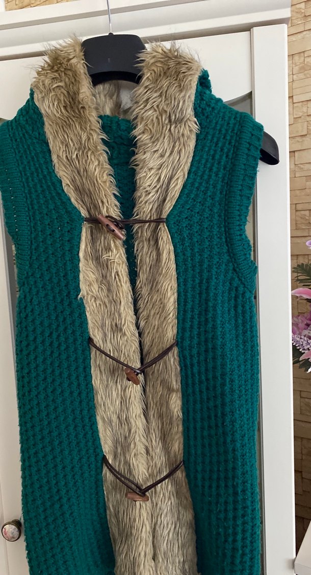 Kahverengi Kürklü Uzun Bohem Triko Yelek - Görsel 2