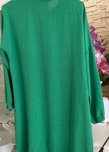 Kadın Yeşil Uzun Keten Gömlek - Görsel 3