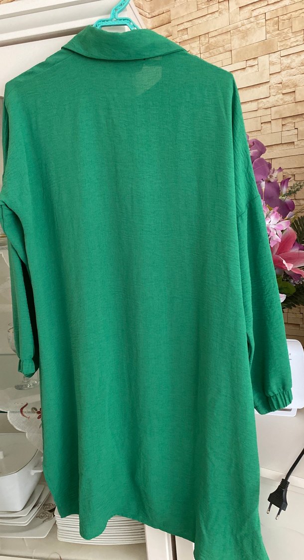 Kadın Yeşil Uzun Keten Gömlek - Görsel 3