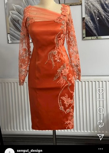 Özel dikim İşlemeli turuncu Uzun Kollu abiye Elbise - Görsel 4