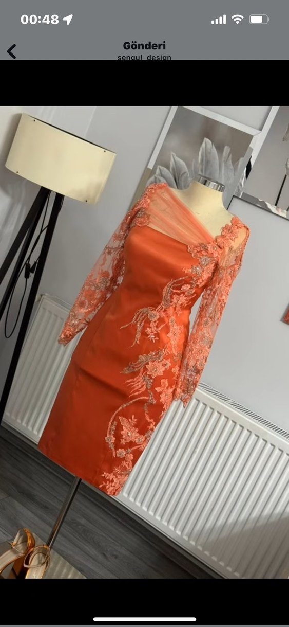 Özel dikim İşlemeli turuncu Uzun Kollu abiye Elbise - Görsel 5