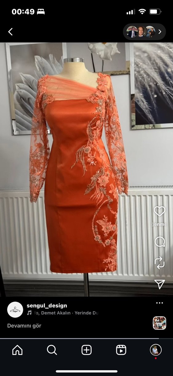 Özel dikim İşlemeli turuncu Uzun Kollu abiye Elbise - Görsel 4