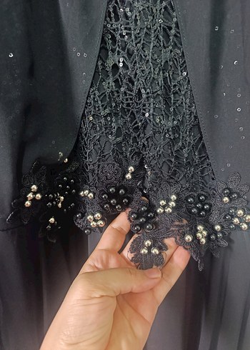 Boncuk İşlemeli Siyah Uzun Kadın Abiye Elbise - Görsel 8