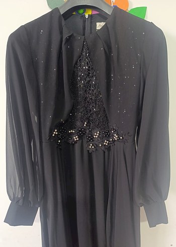 Boncuk İşlemeli Siyah Uzun Kadın Abiye Elbise - Görsel 6