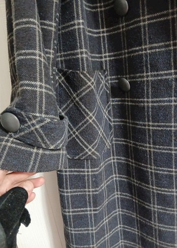 Gri Ekose Midi Kadın Yün Kaban - Görsel 3