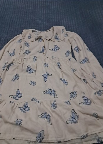 Kelebek Baskılı Keten Kız Elbisesi - Görsel 4