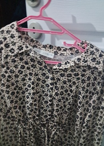 Bej Çiçek Desenli Midi Gömlek Elbise - Görsel 8