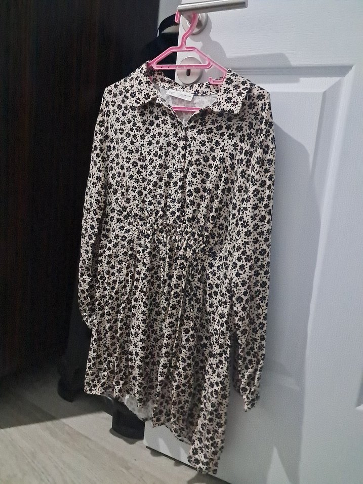 Bej Çiçek Desenli Midi Gömlek Elbise - Görsel 2