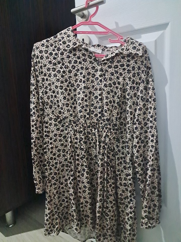 Bej Çiçek Desenli Midi Gömlek Elbise - Görsel 3