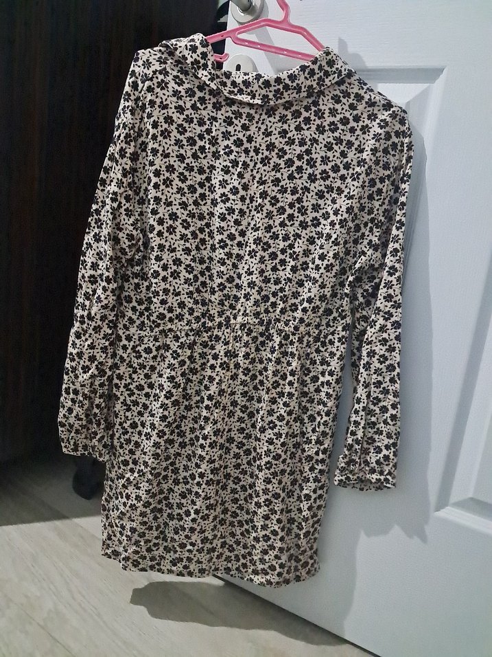 Bej Çiçek Desenli Midi Gömlek Elbise - Görsel 4