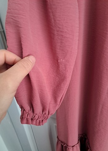 Pembe Uzun Kollu Keten Elbise - Görsel 5