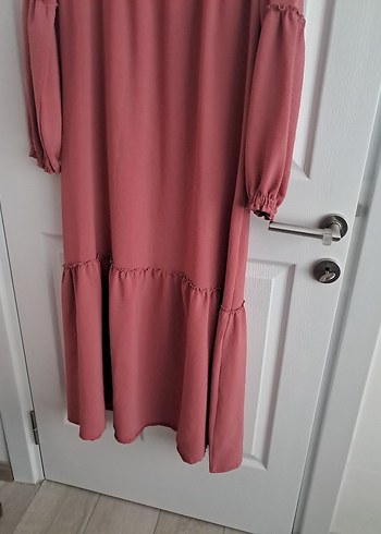 Pembe Uzun Kollu Keten Elbise - Görsel 4