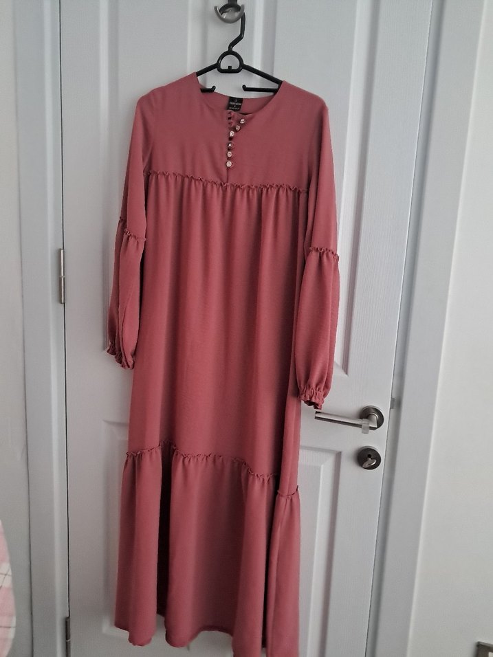 Pembe Uzun Kollu Keten Elbise - Görsel 2