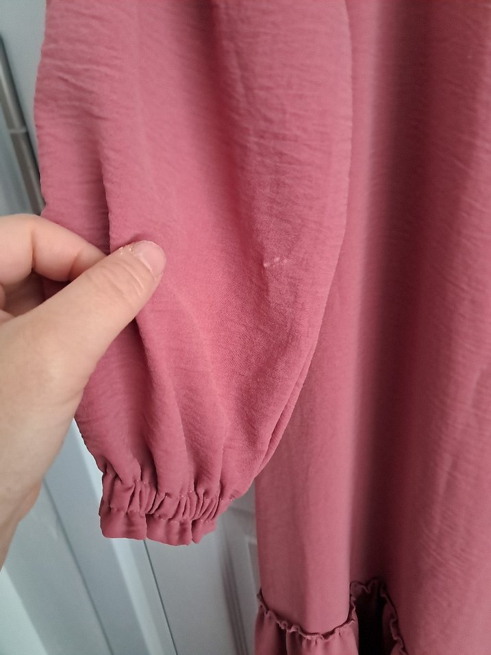 Pembe Uzun Kollu Keten Elbise - Görsel 5