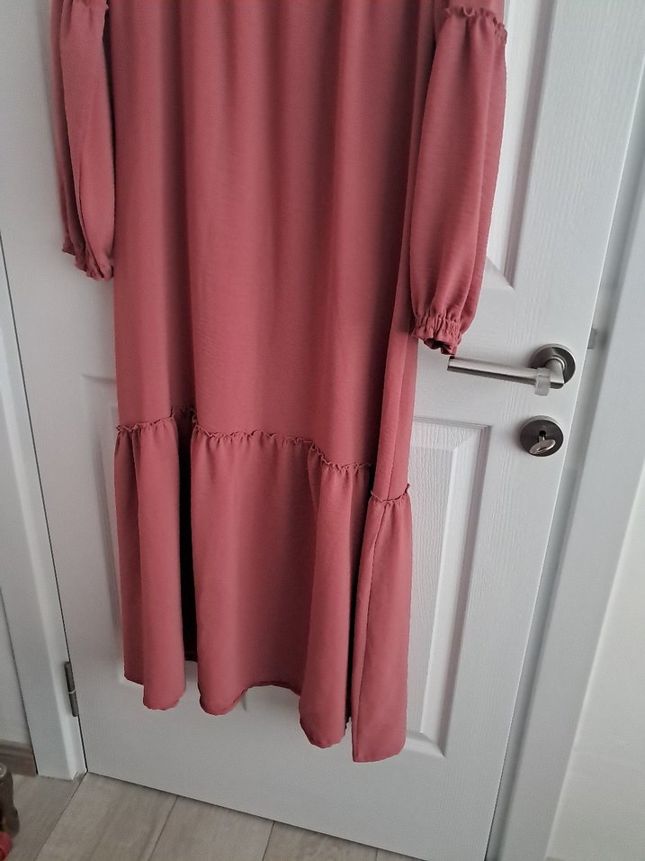 Pembe Uzun Kollu Keten Elbise - Görsel 4