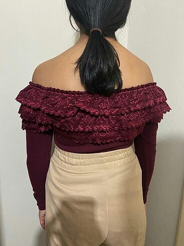 m Beden bordo Renk Uzun kollu fırfır detaylı bluz