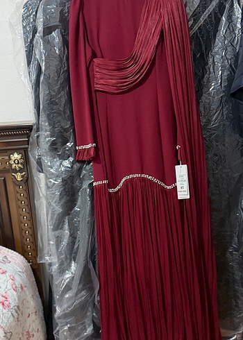 Bordo Drapeli Uzun Kollu Vintage Abiye Elbise - Görsel 2