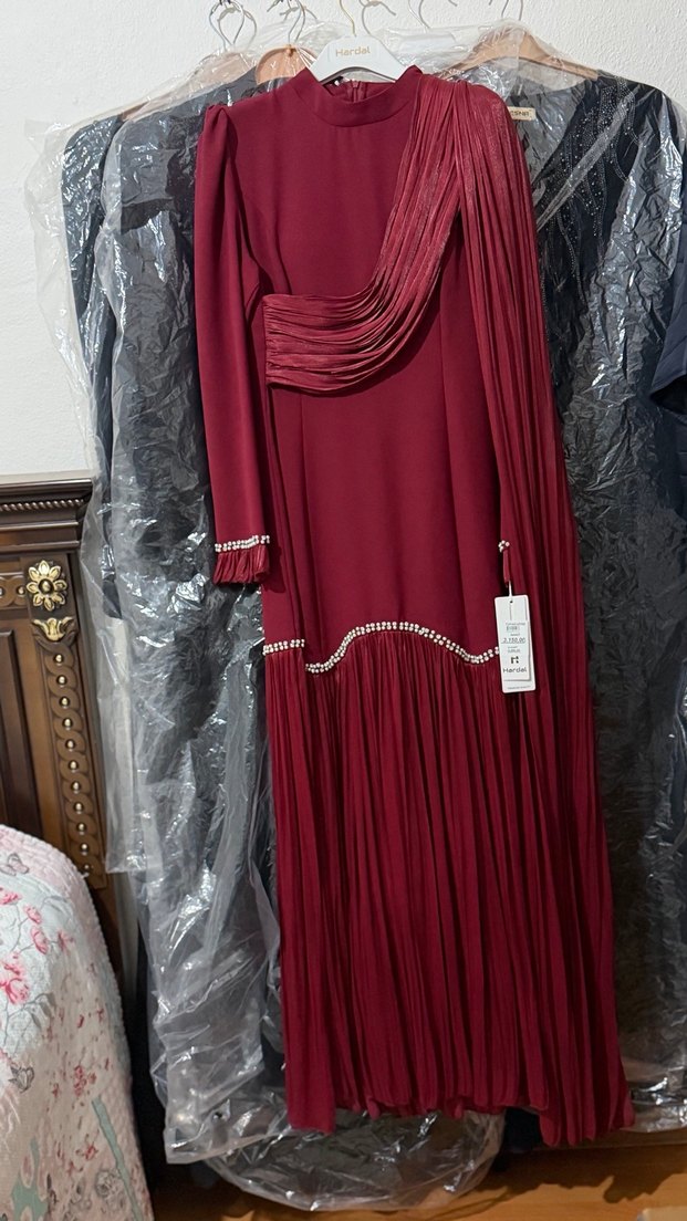 Bordo Drapeli Uzun Kollu Vintage Abiye Elbise - Görsel 2