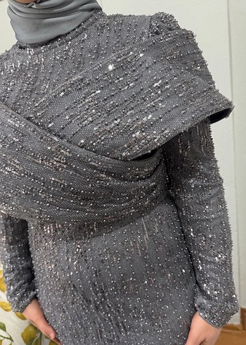 Gri Drapeli Uzun Abiye Elbise - Görsel 2