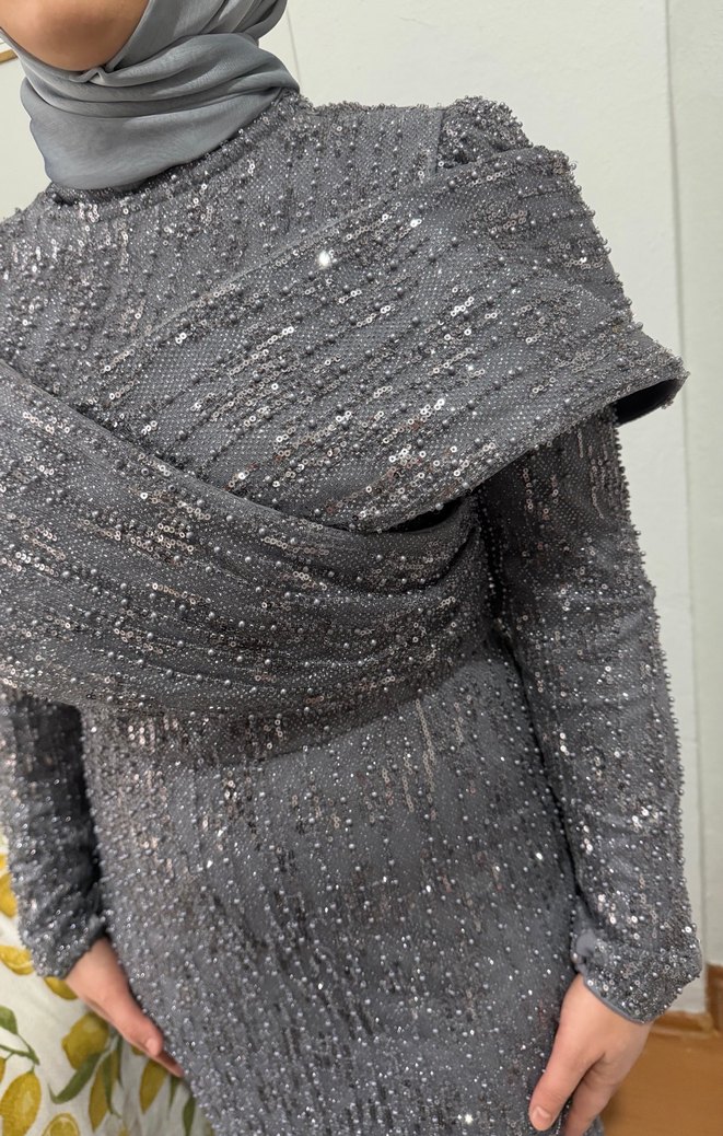 Gri Drapeli Uzun Abiye Elbise - Görsel 2