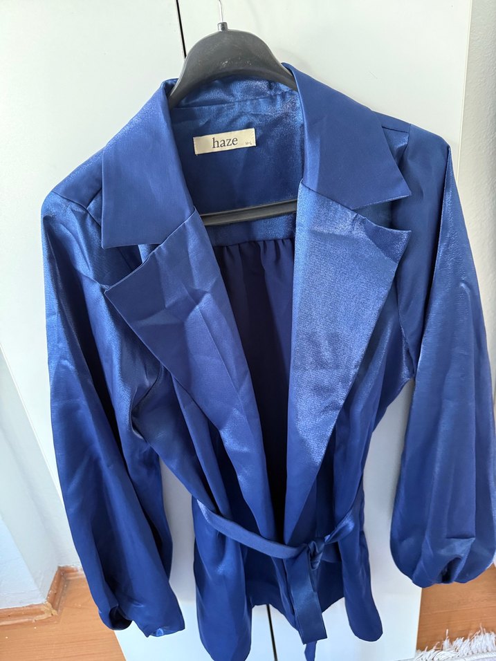 Parlak Mavi Midi Düğmeli Saten Ceket - Görsel 2