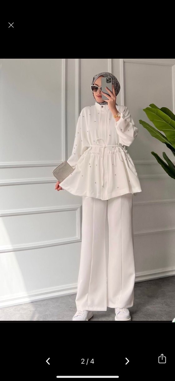 İşlemeli Beyaz Kemerli Mini Kadın Takım - Görsel 2