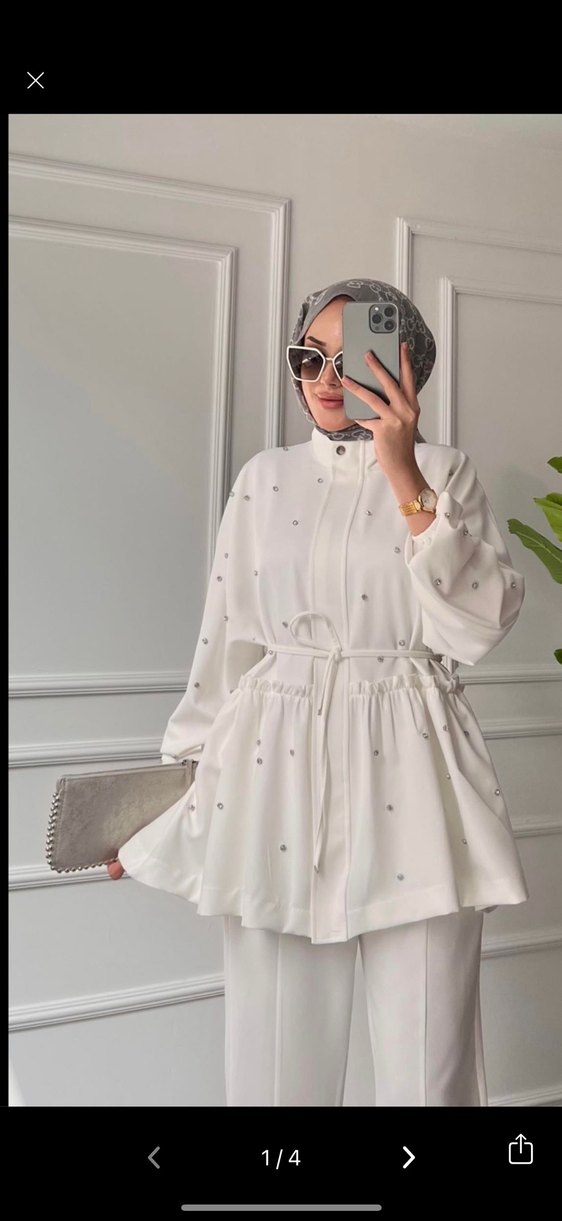 İşlemeli Beyaz Kemerli Mini Kadın Takım - Görsel 3