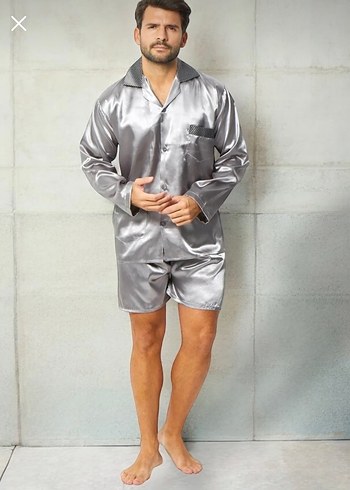 Saten kemerli Gri Erkek Pijama Takımı - Görsel 2