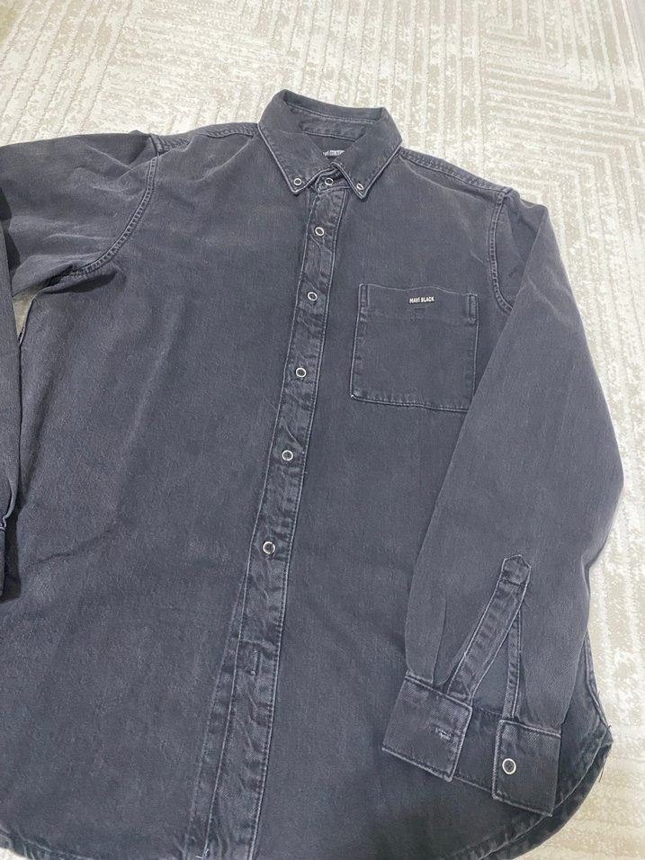 Mavi Siyah Denim uzun Kollu Erkek Gömlek - Görsel 2