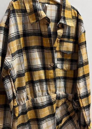 Sarı Gri Ekose Uzun Kollu Kadın Gömlek - Görsel 2