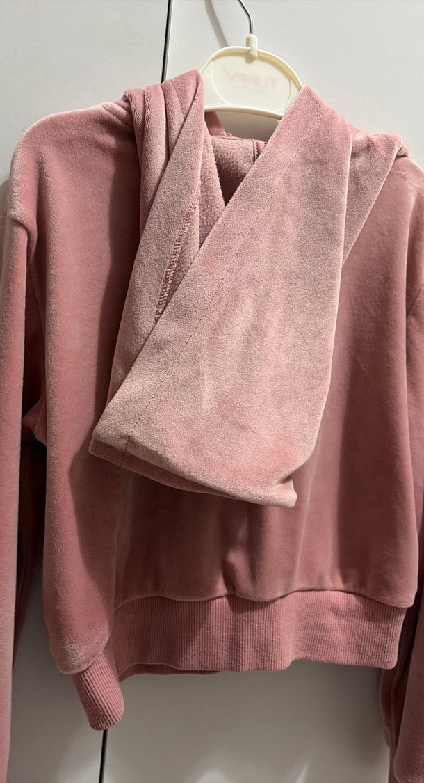 H&M Kapüşonlu Fermuarlı Kadife hırka - Görsel 4