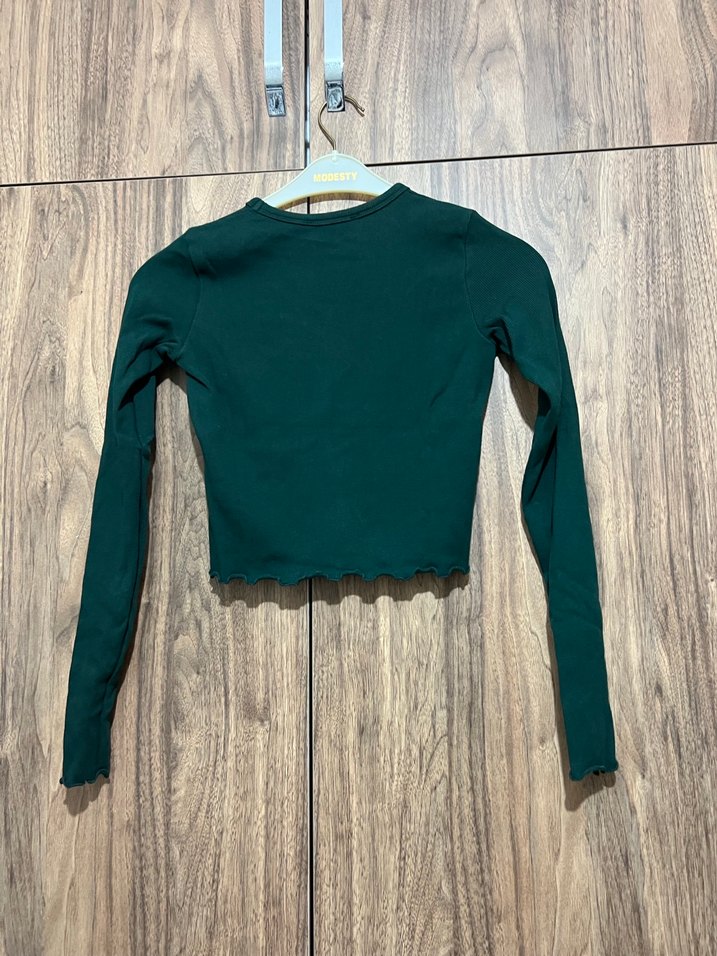 Uzun Kollu Koyu Yeşil Crop Body - Görsel 5