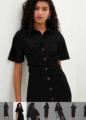 Düğmeli Siyah Midi Kadın Elbise - Görsel 2