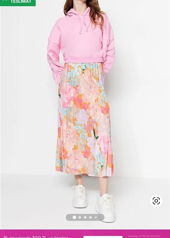 Pembe Piliseli Midi Etek