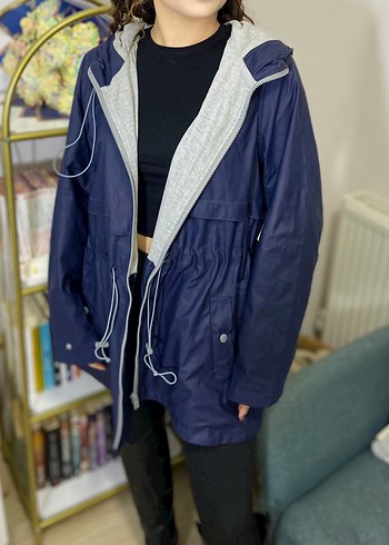 Kadın Mavi Midi Yağmurluk, Fermuarlı, Rahat Kesim - Görsel 2