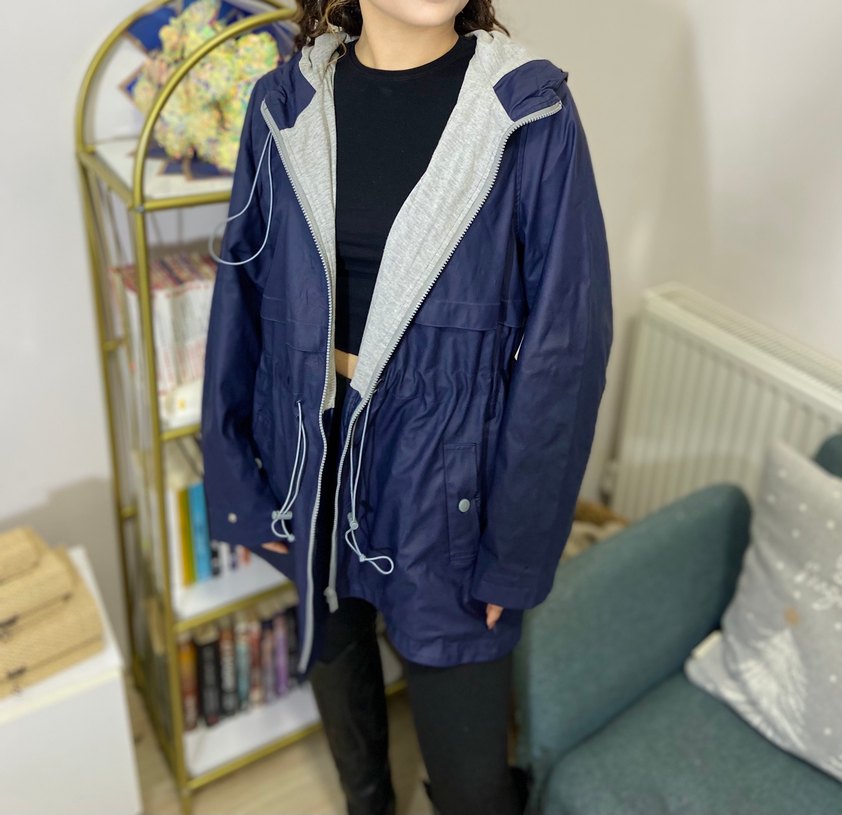 Kadın Mavi Midi Yağmurluk, Fermuarlı, Rahat Kesim - Görsel 2