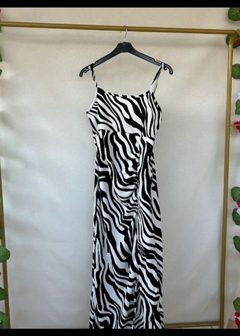 Zebra Desenli Uzun Askılı Drapeli Elbise - Görsel 2