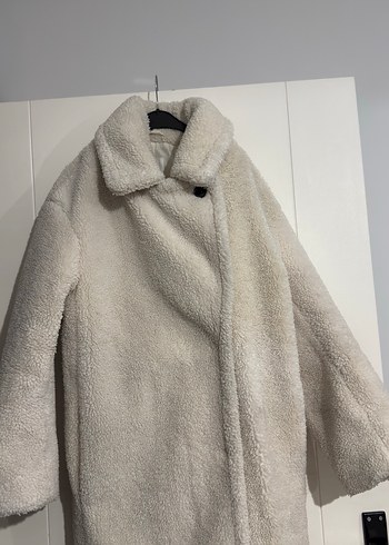 Beyaz Midi Yumuşak Peluş Kadın Kaban - Görsel 5