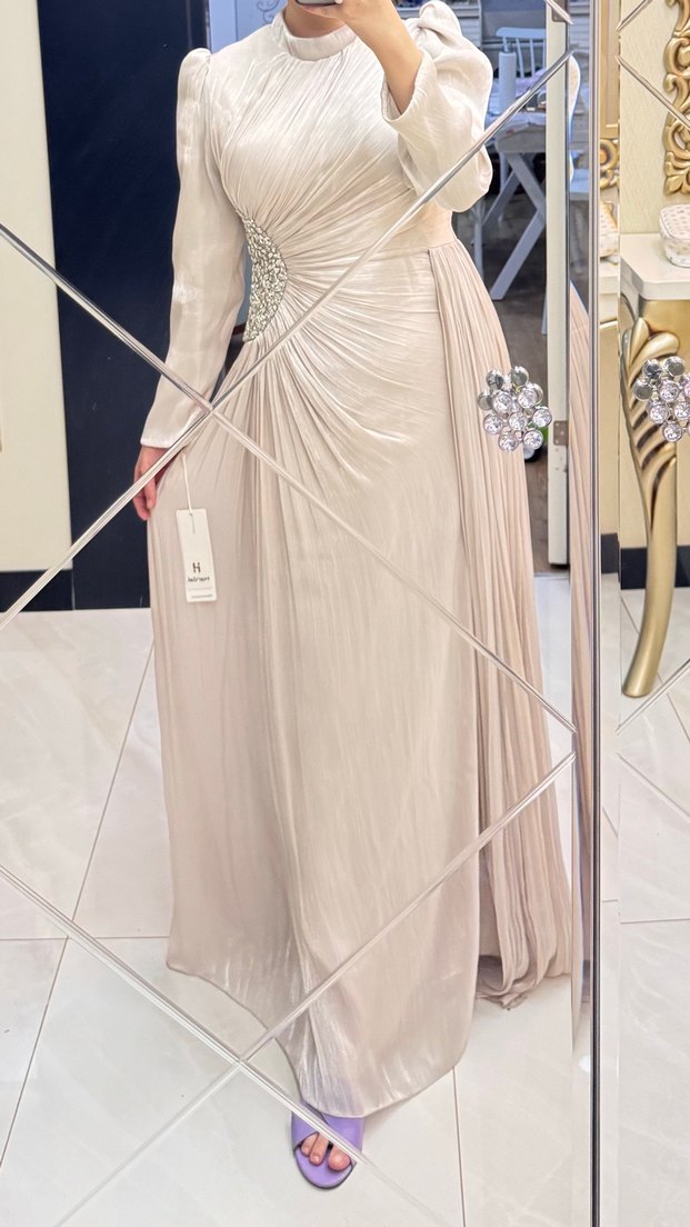 Camel Renkli Uzun Kollu Drapeli Kadın Abiye - Görsel 2