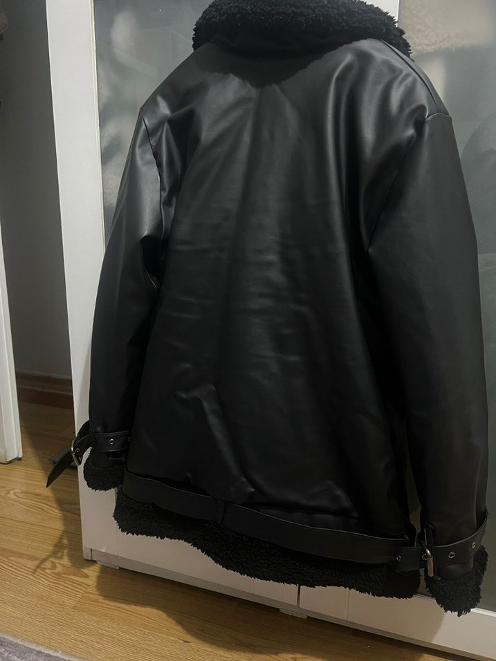 Kürklü Siyah Deri Mont - Görsel 2