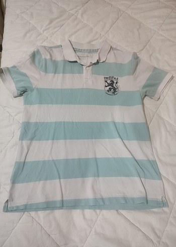 Beyaz Mavi Çizgili Pamuklu Polo Tişört