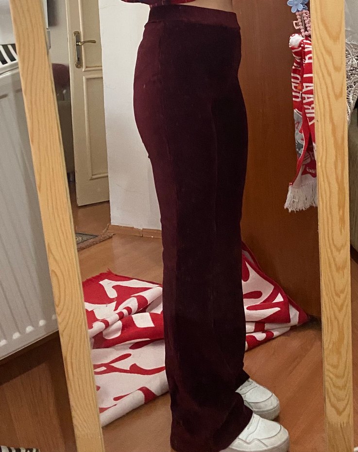 Bordo Düğmeli Kadın İspanyol Paça Pantolon - Görsel 5