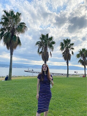 LC Waikiki LACİVERT ÇİZGİLİ TRİKO ELBİSE