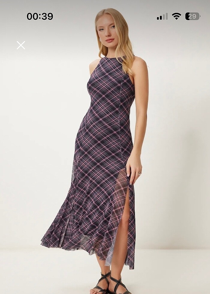 Ekose desen midi uzun elbise - Görsel 2