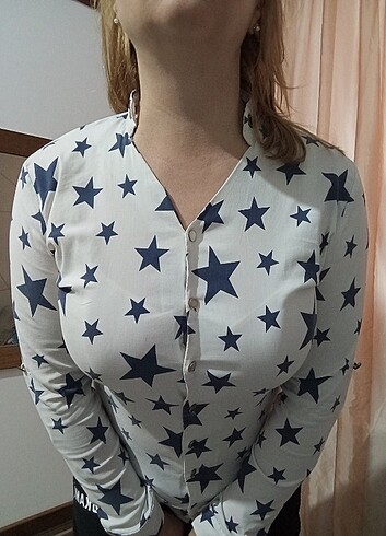 m Beden Kadın beyaz gömlek bluz yıldızlı