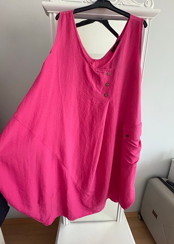Düğmeli Pembe Keten Midi Elbise